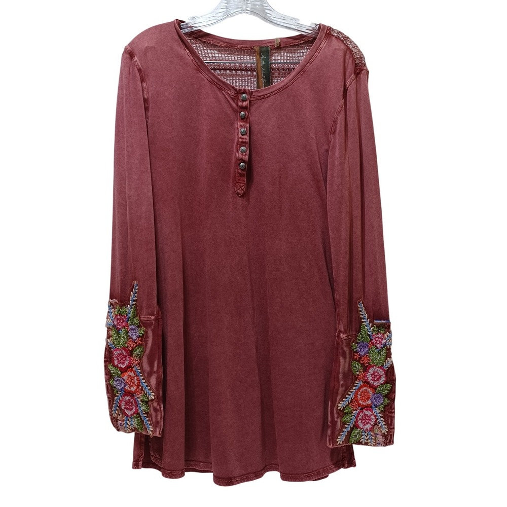 Aratta Womens M Lace Back Henley Tunic Floral Embroidered Boho Romantic Artsy